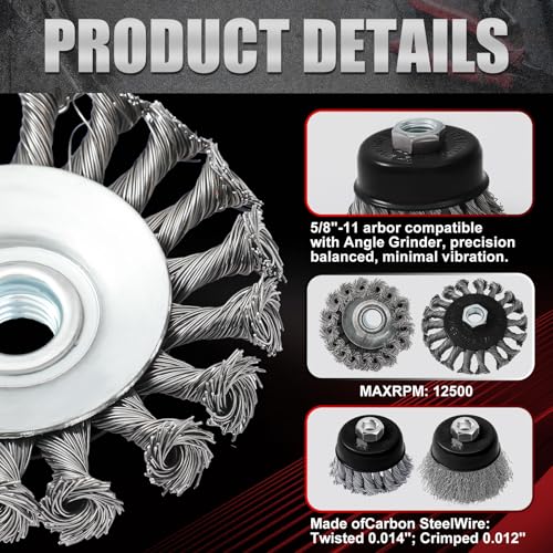 Image of Tioncy 12 Pack Wire Wheel for Angle Grinder, for 4-1 /2 inch Angle Grinder with 5 /8 inch-11 Arbor, Heavy Duty Carbon Brushes for Rust Removal Heavy Cleaning Polishing(Black,Wire Wheel Cup Brush Set)