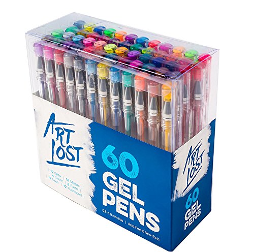 Art Lost Gel Pens Medium Point - Set of 60 Colored Pens Ballpoint (0.8mm) - Unique Colors For Coloring Books, Bullet Journals, Scrapbooking, Doodling