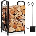 Best Choice Products 5-Piece Indoor Outdoor Wrought Iron Firewood Log Storage Rack Holder Firepit Tools Set for Fireplace, Fire Pit, Stove w/Hook, Broom, Shovel, Tongs - Black
