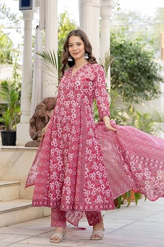 Image of Aradhika Women's Pure Cotton Printed Anarkali Kurta with Pants and Dupatta | 3 Pieces Ethnic Wear for Women | Casual, Festive & Dailywear | Soft & Breathable Kurta Suit Set.