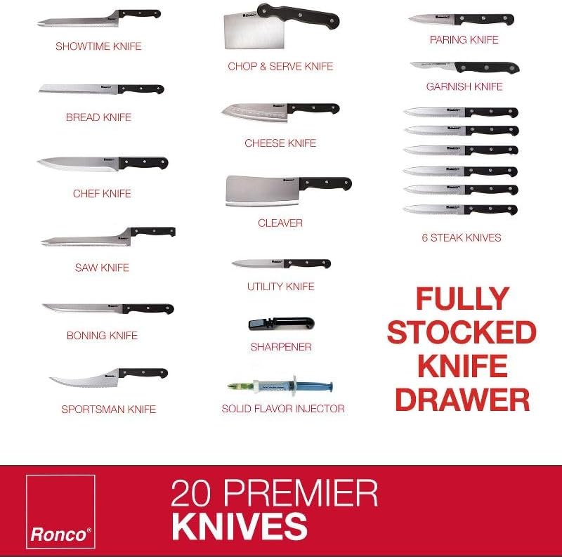Miniatura 3 de Ronco Juego de cuchillos de 20 piezas, espiga completa y triple remachado, afilador de cuchillos incluido, juego de cuchillos de cocina profesional,