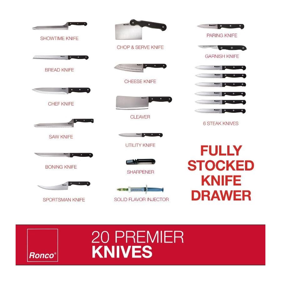 Ronco 20 Piece Knife Set, Full Tang and Triple Riveted, Knife Sharpener Included, Professional Kitchen Knife Set, High-Carbon Stainless Steel