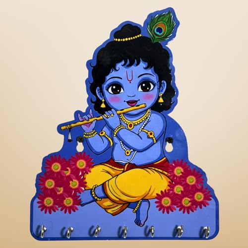 Image of Shri Krishna (Makhan Chor) Key Holder - Decorative Wall Art for Home | Little Krishna Key Organizer for Bedroom, Living Room, Guest Room & Dining Area