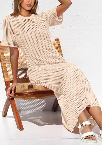 PRETTYGARDEN Womens Eyelet Cover Up Dress 2025 Summer Vacation Resort Maxi Dresses Beach Short Sleeve Hollow Out Sundress4