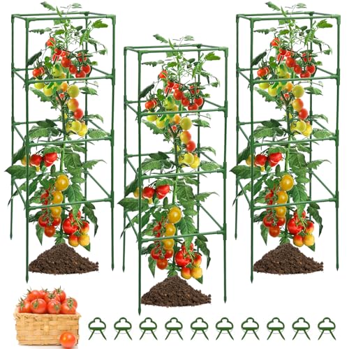 MYMULIKE 3 Pack Tomato Cages for Garden - Heavy Duty Square Tomato Plant Support Stakes, Height-Adjustable Tomato Trellis, Tomato Plant Cage for Raised Beds/Pots (Holds 50 Lbs)