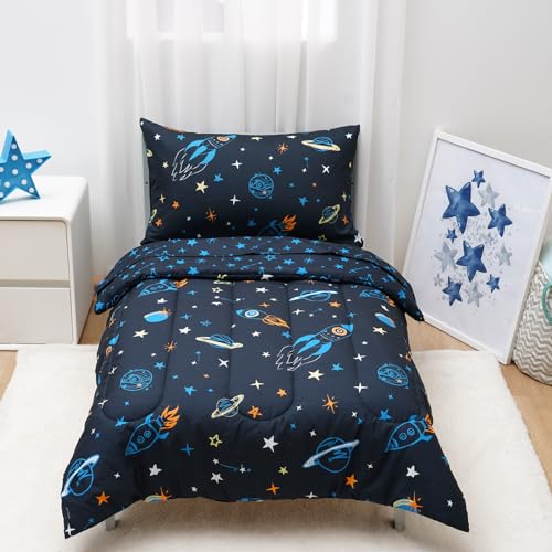 Image of david's kids 4 Piece Toddler Bedding Set - Soft Breathable Toddler Bedding Set for Boys Girls, Includes Quilted Comforter, Flat Sheet, Fitted Sheet and Pillowcase, Space