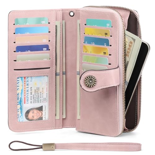 Image of Wristlet Wallets for Women Leather Credit Card Holder Bifold Pink | RFID Blocking, Large Capacity, Ladies Phone Clutch Purse with Zippered Coin Pocket