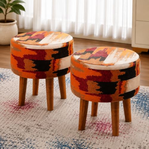 Image of Printed Ottoman Stool Set of 2 Ottoman Pouffes for Sitting Puffy Stools for Living Room, Zig zag Print