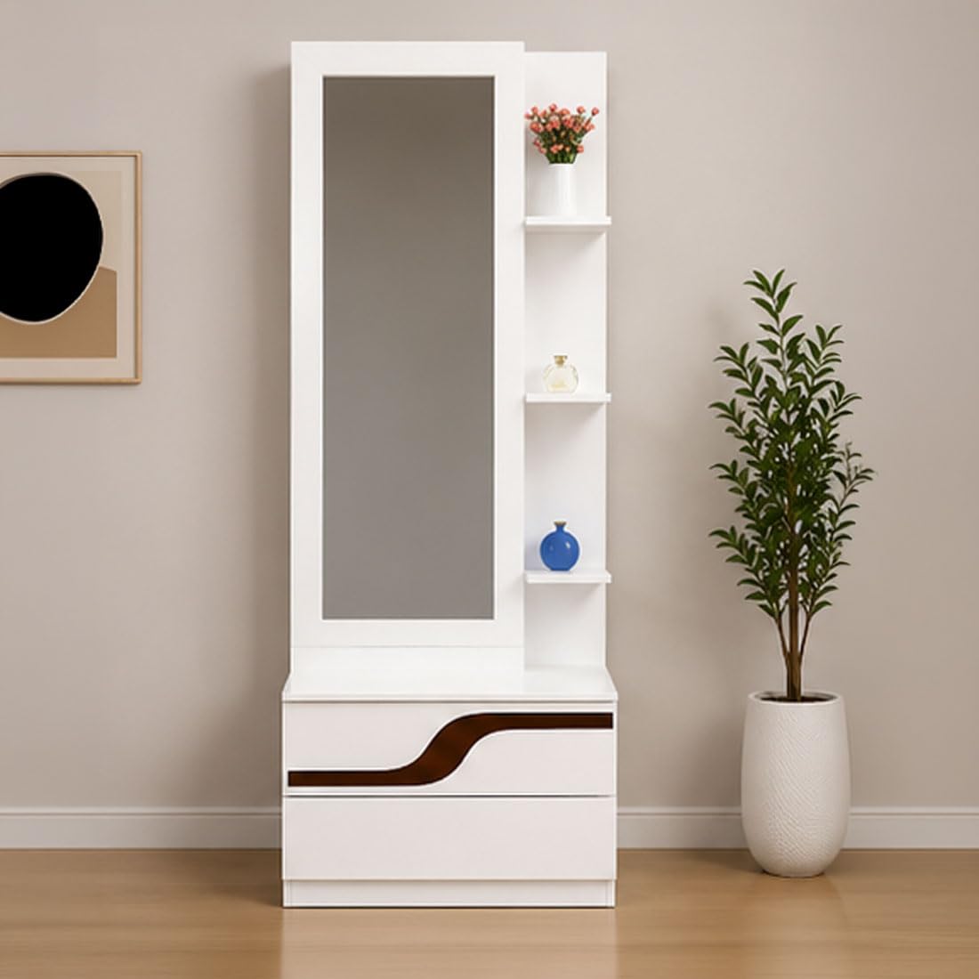 Steller Dressing Table | Side Open Shelves, 2 Storage Drawers, White & Walnut Finish, Modern Vanity Unit, Bedroom Furniture-image-48