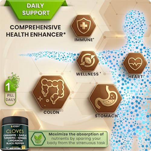 Herbpy 7in1 Clove Supplement 500mg, Support Digestion, Immune, Heart Health | Rich in Vitamins & Minerals, with Ceylon Cinnamon, Turmeric, Ginger, Cardamom, Garlic & Pepper, 100 Vegan Capsules - Image 4