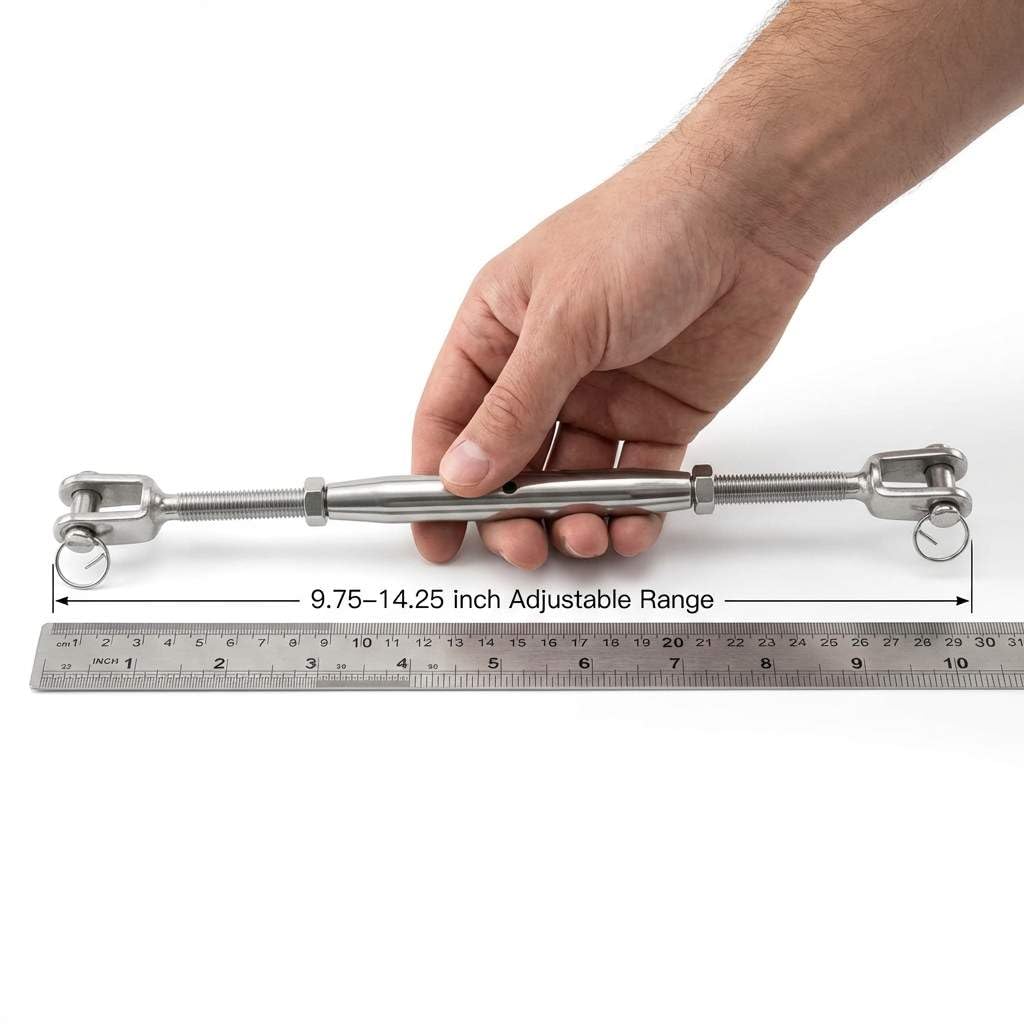 QWORK Jaw - Tenditori marini a corpo chiuso, confezione da 2 pezzi, con gancio, carico di rottura 5.100 kg, in acciaio inox, filettatura da 1/2", lunghezza regolabile