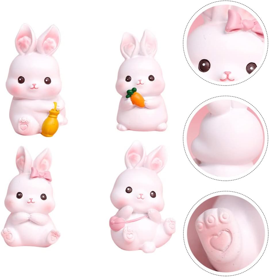 Miniature Bunny Rabbit Resin Figurine: 4pcs Mini Cute Rabbit Figures Tiny Animal Characters Toys Cake Topper Micro Landscape Easter Table Decor