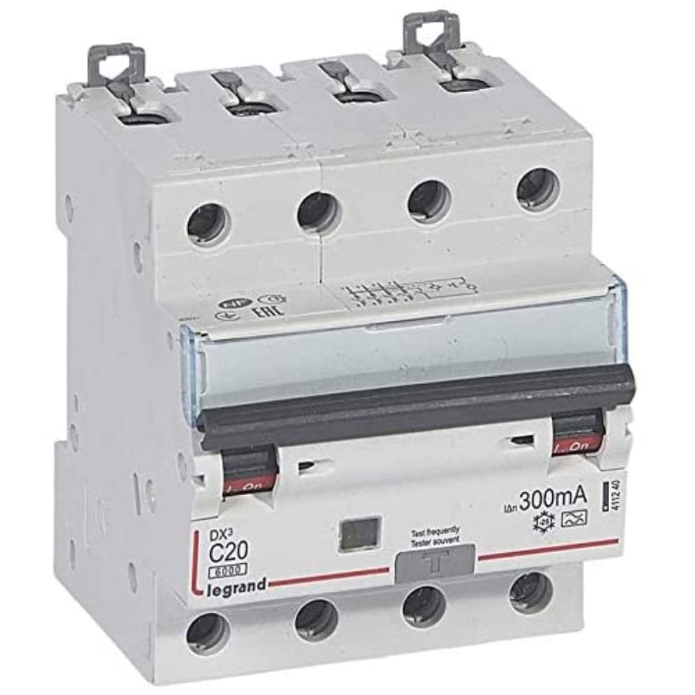 Legrand 411240 Disjoncteur différentiel monobloc DX³6000 10kA arrivée haute et départ bas à vis, 4P, 400V, 20A typeA, 300mA