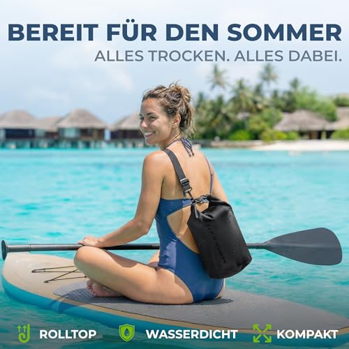 Nordlight Dry Bag 10L Wasserdichter Beutel - (Schwarz) Wasserdichter Packsack Mit Roll Top Verschluss Und Schultergurt | Schwimmen, Baden, Strand, Kanu, Stand Up Paddling, Tauchen