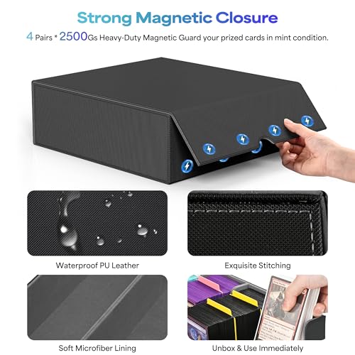 Image of UAONO Trading Card Storage Box, Holds 2400 Sleeved Cards with 24 Dividers & 4 Stoppers, Magnetic Closure PU Leather Card Case for MTG, PTCG, YGO, Sports Cards (Black&Gray)