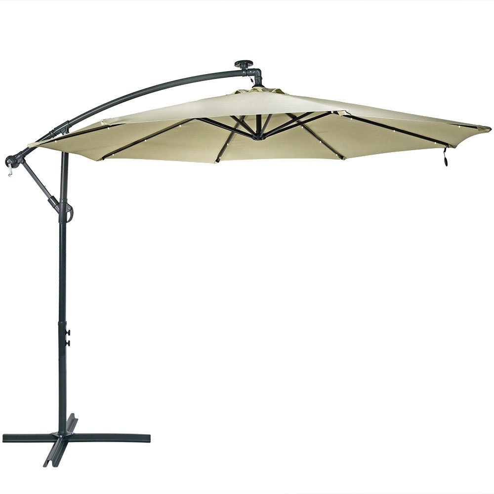Amazon Com Sunnydaze 10 Foot Offset Cantilever Solar Patio Umbrella With Outdoor Led Lights Crank And Cross Base Beige Garden Outdoor