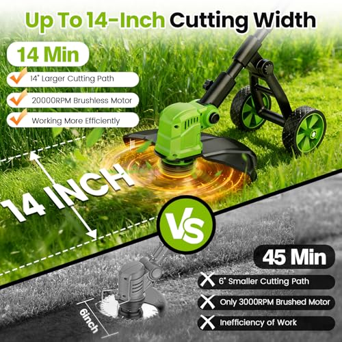 14\" Electric String Trimmer Cordless Battery Powered Weed Eater with Wheel, 3-in-1 Cordless Grass Trimmer/Electric Weed Wacker/Edger, Weed Trimmer with 8 Replacement Spools for Garden, Lawn (Green)