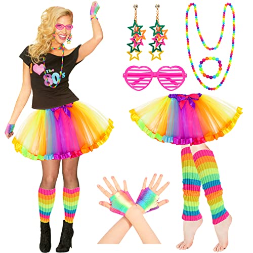 Hifot Deguisement Annee 80 Femme,Accessoire Annee 80 Néon Tutu Lunette Colliers Bracelets Boucles D'oreilles Annees 80 90 Costume Fête Néon Soiree Fluo