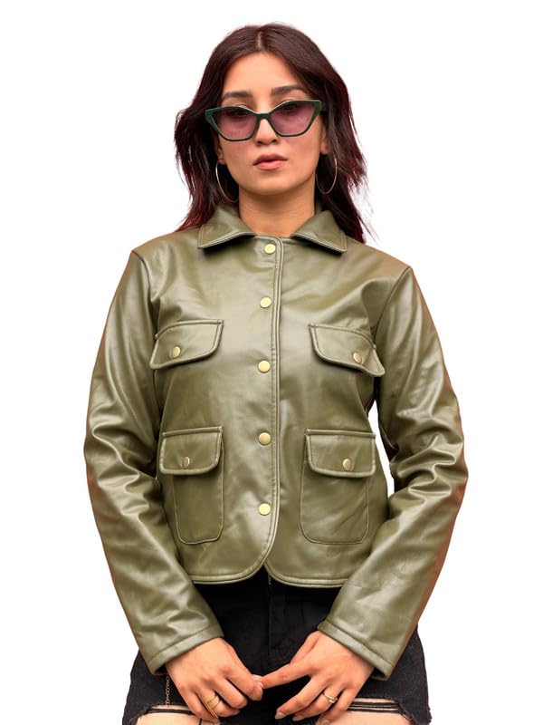 tandul Women Olive Green Faux Leather Jacket-picture-10