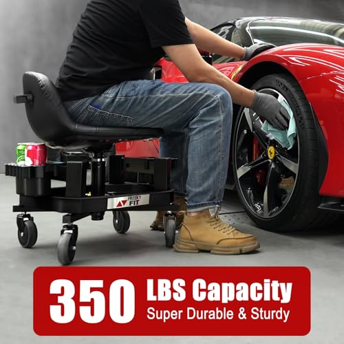 Image of Rolling Stool with Wheels, Adjustable Shop Stool Mechanic Seat, Garage Shop Roller Work Chair, Mobile Rolling Seat with Tool Tray, 2 Cup Holders, 4 inch Casters, 350 LBS, Heavy-Duty, Black