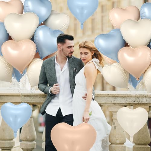 Image of Baby Blue Heart Balloons, 10 Pcs Light Blue White Heart Shaped Balloon, 18 Inch Apricot Cream Sand White Nude Foil Balloons for Engagement Brithday Baby Shower Wedding Valentines Party Decoration