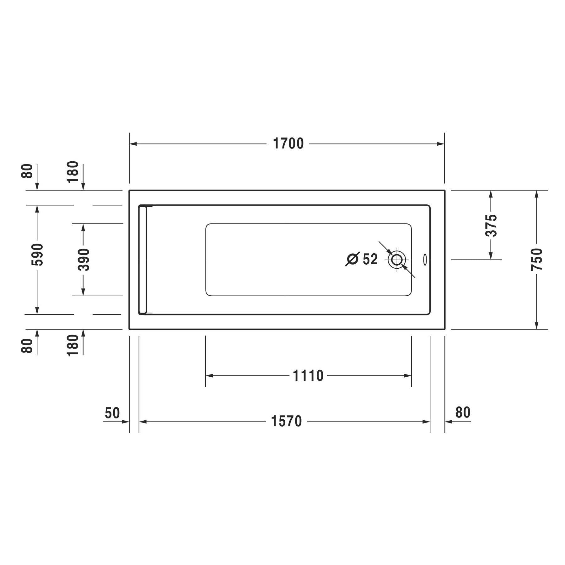 Duravit Baignoire Starck rectangulaire 170x75cm, un fond incliné, 700335, à encastrer, 700335000000000