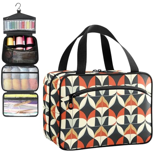 YNNALE Sewing Supply Organizer Bag, Black Red Mid Century Pattern Portable Sewing Bags with Pockets&Hanger, Sewing Storage Box Case for Sew Supplies/Kit/Tools/Accessories (BAG ONLY)