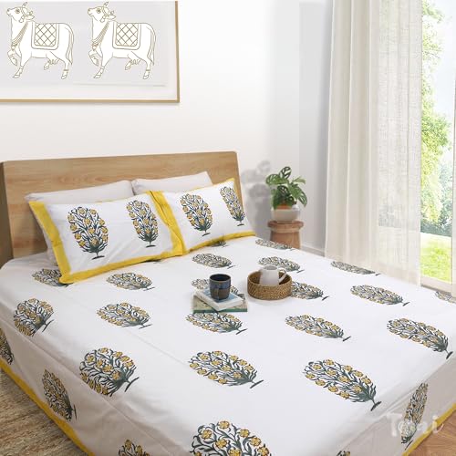 Image of TOAIArt Hand Block Printed Bedsheet | Long Staple Premium Cotton | Double Bed Sizes | Queen Size 90 inchX108 inch | 300 TC | Includes 2 Large Pillow Covers 18 inch X 28 inch (Yellow Marigold Bush on White)