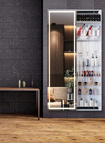 GPAIHOMRY Armoire à bijoux à LED avec miroir sur toute la longueur, emplacements pour bagues, boucles d'oreilles, crochets pour collier, portes coulissantes, blanc