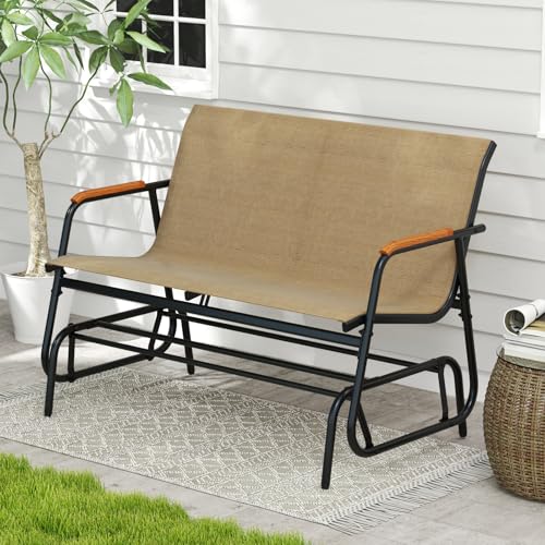 Image of Giantex Patio Glider Bench, 2-Person Swing Gliding Loveseat with Curved Teak Armrests, Fabric Seat, Metal Frame, Load 660lbs, Outdoor Rocking Chair for Porch, Yard, Poolside
