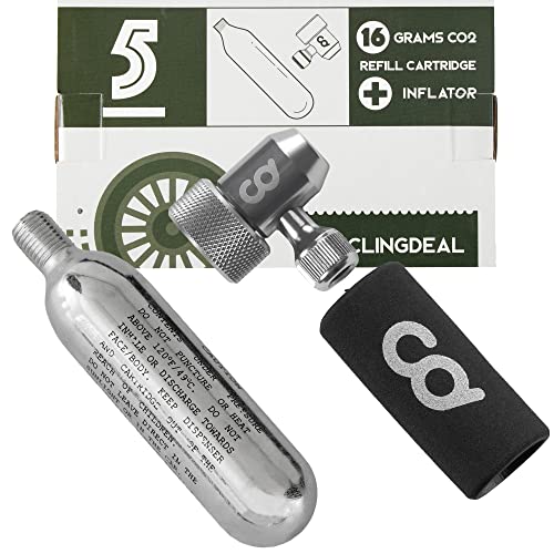 CyclingDeal Bike CO2 Inflator + 5x16g Threaded CO2 Tire Air Cartridges Bundle - Safe & Secure - Compatible with Presta and Schrader Valves - Quick & Easy Bicycle Tire Pump for Mountain & Road Bikes