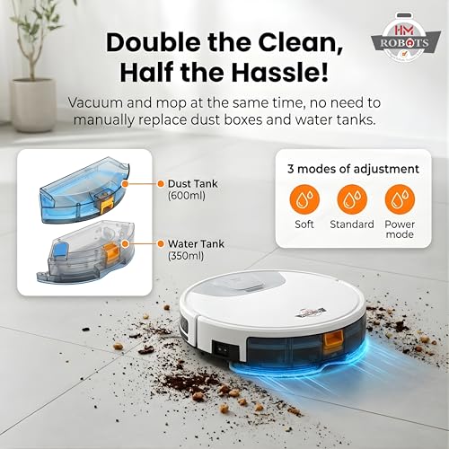 Image of HM Robots Robot Vacuum Cleaner with 5000Pa Suction, 2-in-1 Vacuum & Mop, AI Camera Navigation, 600ml Dustbin, 350ml Tank, No App - Remote Control, for Indian Homes, Marble & Tiles