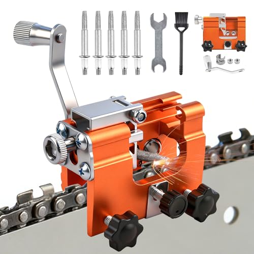 Kettensäge Schärfgerät, Tragbar Kettenschärfgerät Handkurbeln, Sägekettenschärfgerät Kit mit 5 Schleifköpfen für Alle Arten von Kettensägen, Kettenschärfer für 4'-22' Kettensäge