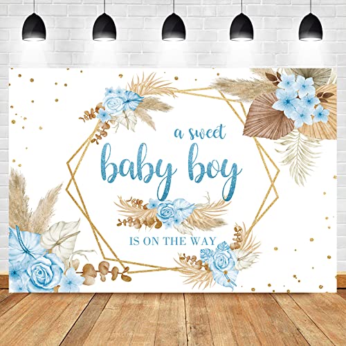 Homewelle Boho Baby Shower Boy Backdrop 7Wx5H Feet Polyester Fabric Floral Blue Pampas Grass Flowers Newborn Party Decoration Gold Dots Botany Plants Celebrate Photography Background Photo Shoot Props