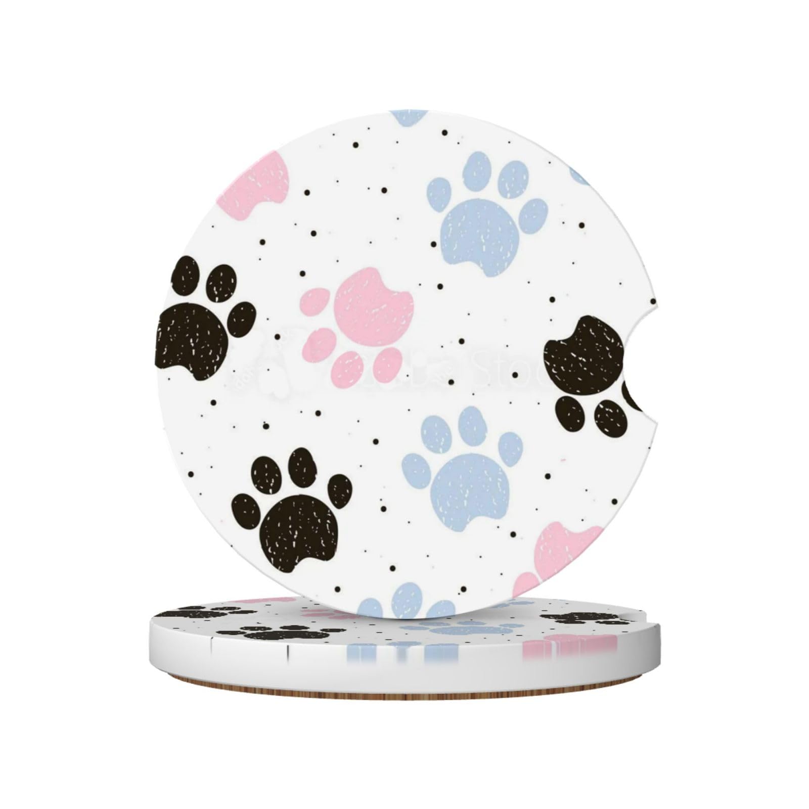 Hand Drawn Colorful Dogs Paws, Car Cup Holder Coasters 2 Pack, Absorbent Ceramic Car Coasters with Non Slip Cork Base