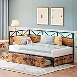 LIKIMIO Twin Daybed with Storage Drawers and Charging Station, Corner Bed Frames with Headboard and LED Lights, Industrial Brown