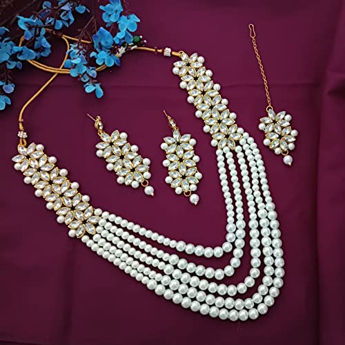 Efulgenz Indian Bollywood Traditional Faux Kundan Pearl Beads Bridal Wear Necklace Earrings Maangtika Wedding Jewelry Set (Style 1) #TOP1