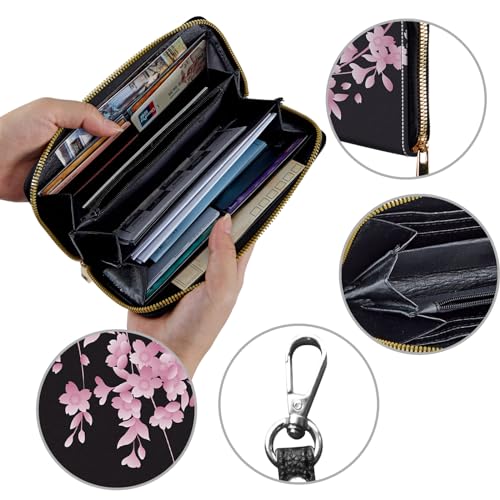 Image of Women's Wallets,Credit Card Holder Money Leather Long Wallet with Wristlet,Large Capacity with Zip-Around Phone Purse for Women Ladies Girls,Cherry Blossoms
