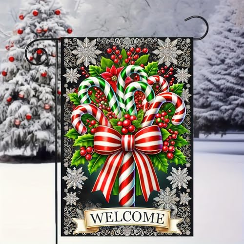 Image of BlissYard Christmas Candy Cane Garden Flag 12x18 Inch Polyester | Double sided polyester, Christmas candy cane holly plaid design, classic holiday decor for holiday porch and yard