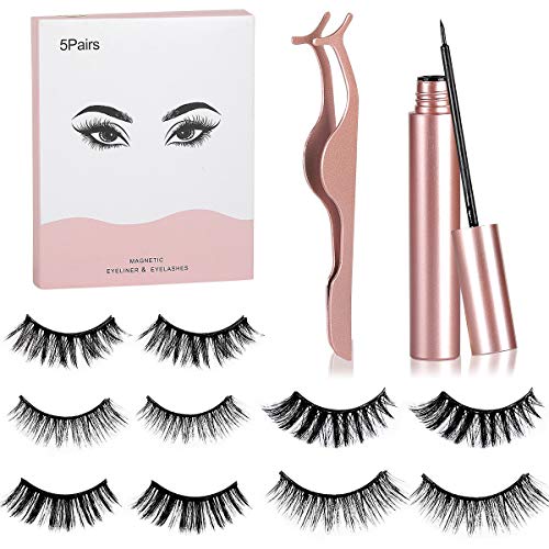 Magnetic Eyelashes with Eyeliner Natural Look, Reusable Magnetic Lashes, Best Magnetic Eyeliner, Upgraded 3D Magnetic Eyelashes Kit Natural Looking with Tweezers Inside [5 Pairs]