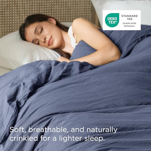 Image of Bedsure Prewashed Navy Duvet Cover King Only, Cotton-Like Feel | 1 Duvet Cover Only, No Pillow Shams, Ultra Soft, Relaxed Texture, Zipper Closure, 8 Corner Ties, Year-Round, Easy Care