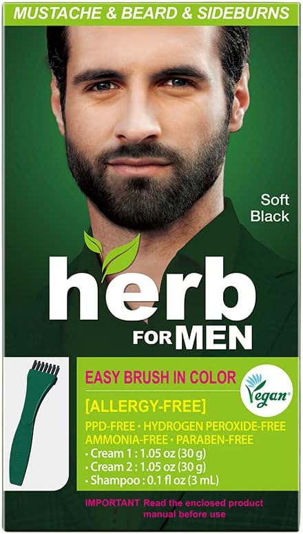 Herb For Men, PPD & Ammonia Free Mustache & Beard Dye, Vegan Natural Ingredients, Odorless, No More Skin Irritations from Coloring for Sensitive Skin – Soft Black