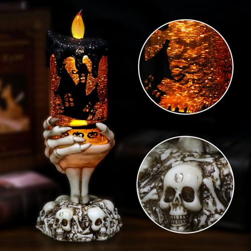 Image of Eldnacele Halloween Snow Globe Candles Lighted Lamp USB Powered Battery Operated Spooky Spinning Water Glittering Tornado Flameless Candles Skeleton Hand Holder Halloween Centerpiece Decor(Castle)