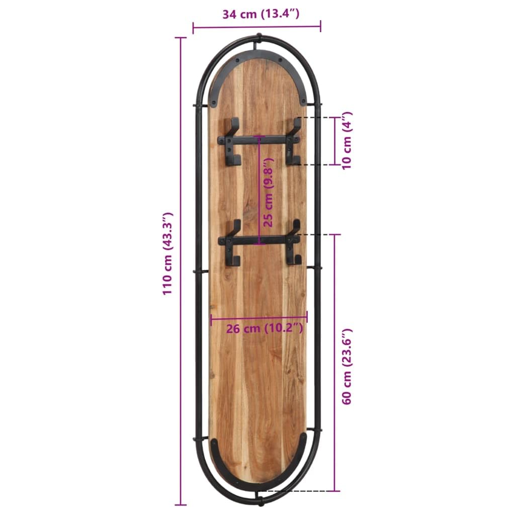 Appendiabiti da parete in legno di acacia massiccio con 4 ganci in ferro, set da 2 pezzi, per corridoio e ingresso, salvaspazio, appendiabiti, giacche e borse, 34 x 110 cm