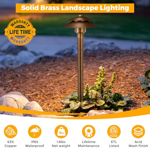 Gardencoin Solid Brass Low Voltage Landscape Pathway Lights (6\'\' Shade 2-Tier, 19\'\' Tall), 12V AC/DC LED Heavy Duty Path Lighting Outdoor Wired, Waterproof Bronze Walkway Light Without G4 Bulb(4 Pack) - Thumbnail 2
