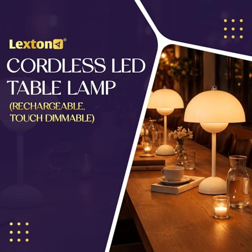 Image of Lexton Wireless LED Desk Lamp with Touch Control | USB Rechargeable Table Light with Warm, Neutral & Cool White Modes | Portable Bedside & Dining Lamp for Home, Cafe, Hotel (White)