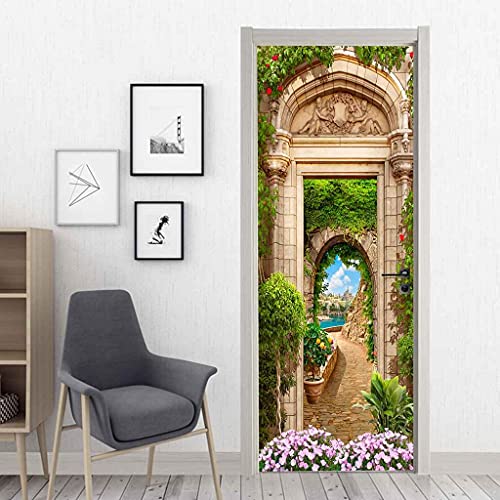 CBWRAW 3D Pegatinas Para Puertas Papel Tapiz Murales Paisaje De Castillo Verde Sala De Estar Dormitorio Impermeable Creativo Foto Moderno Arte Wallpaper Decorativas Diy Póster Calcomanía 77x200cm