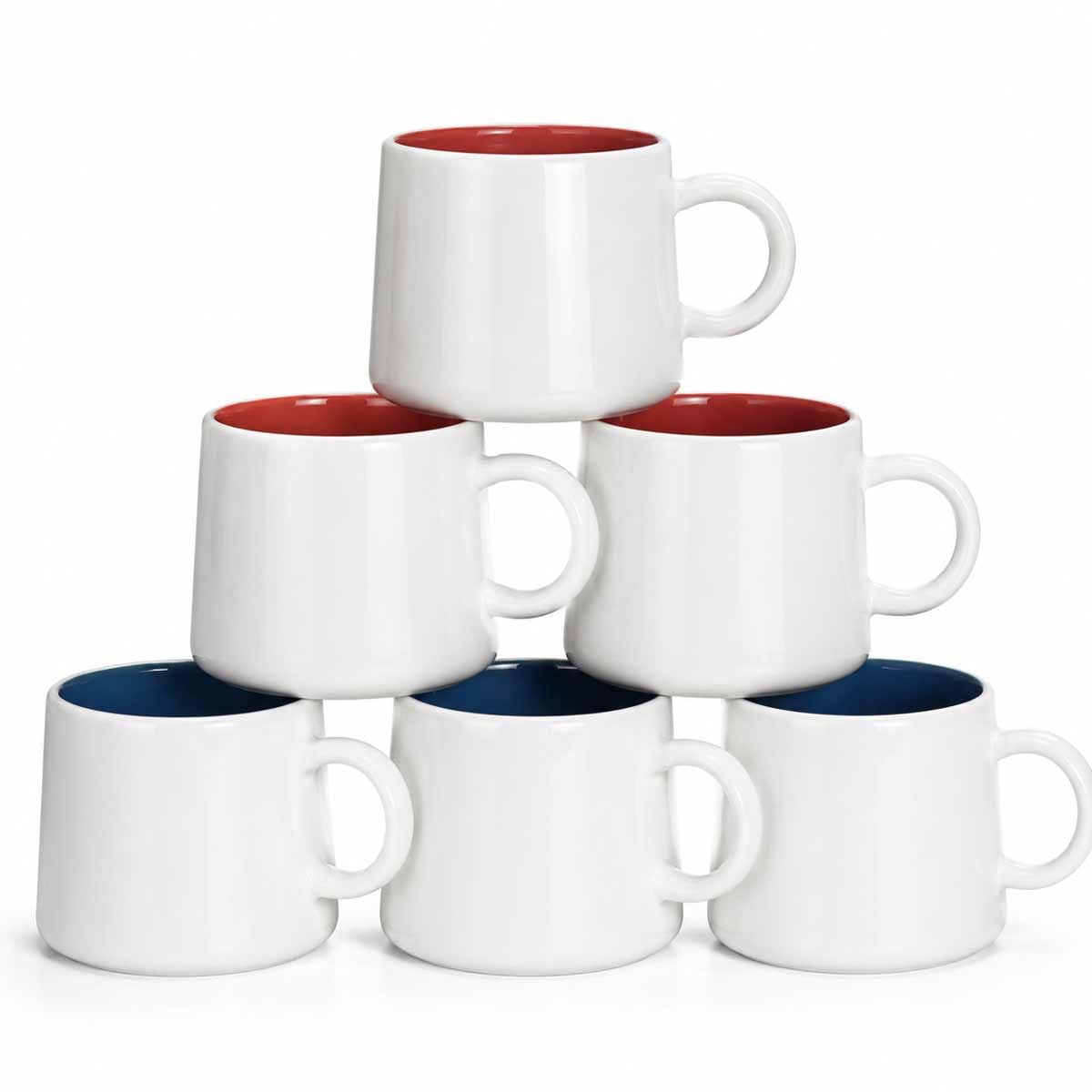 Set di 6 tazze da caffè in ceramica, bianche con interno colorato, 350 ml, impilabili, in porcellana, per latte, tè, cappuccino, manico facile da impugnare