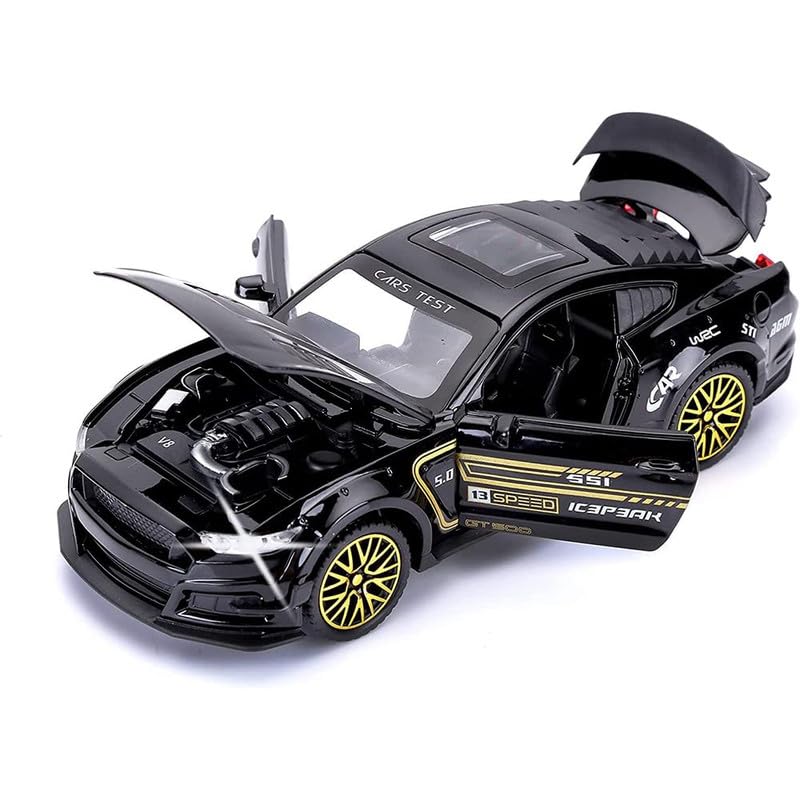 Image of PINQUE Kids New Car 1:32 Mastang Diecast Alloy Metal Pull Back Car with Openable Doors Music Sound and Light Vehicle Toy Car for Boys (Black)