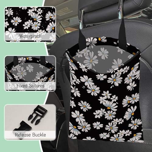 Image of Small Daisy Flowers Car Garbage Bag,Waterproof Small Car Trash Bag Hanging Back of Seat,Drawstring Hanging Car Trash Bag with Adjustable Buckle for Car Accessories
